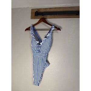 Cupshe Blue White One Piece Swim Bathing Suit Ruffle Womens Size Large NWT